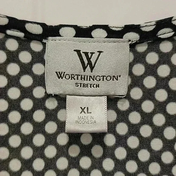 Worthington Stretch Black White Polkadot Short Sleeve Blouse Size XL - Picture 2 of 6